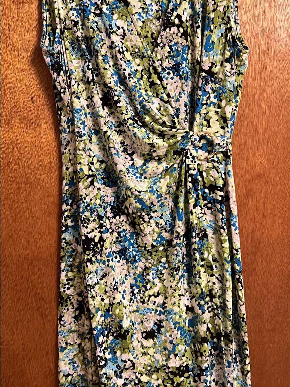 Kasper Sleeveless Twist-Waist Floral Dress in Blue, Green & Black
